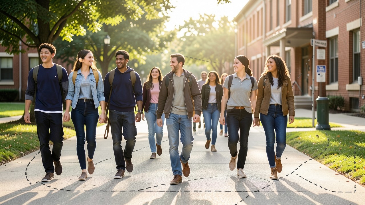 A diverse group of college students walking on a sunny campus path, with a subtle map-like route overlay suggesting a guided journey.