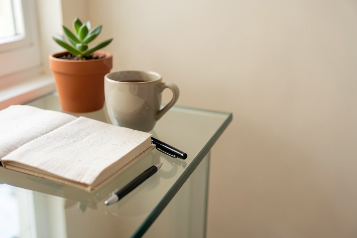 A clean, modern office desk with an open journal, a cup of coffee, and a small potted plant, evoking a trustworthy editorial workspace.