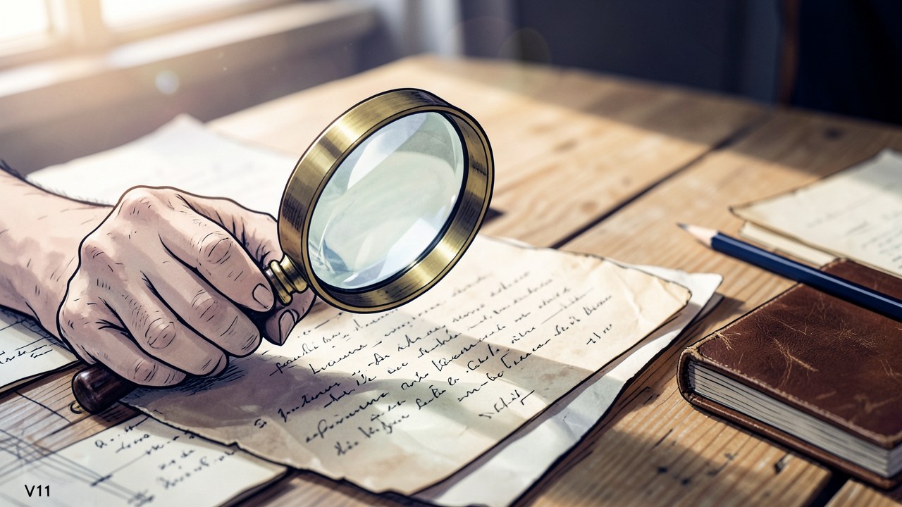 A hand holding a magnifying glass over a stack of documents with a pencil and notebook nearby, symbolizing fact-checking and rigorous review.
