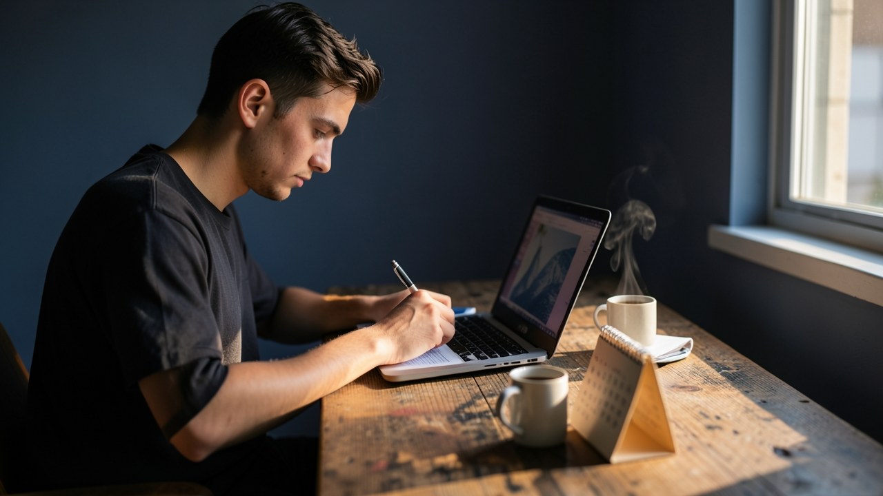 A person filling out a form on a laptop while holding a pen, with a cup of coffee and a calendar nearby, representing the FAFSA process.