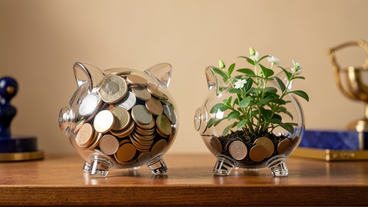 Two transparent piggy banks, one with coins and one with a small plant, symbolizing different loan types, set against a clean background.