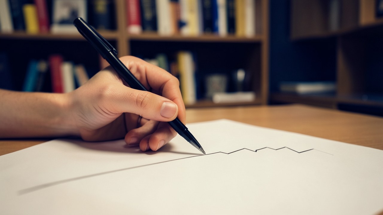 An upward trending line chart drawn on paper with a pen, with a blurred background of a library, illustrating interest rate trends.