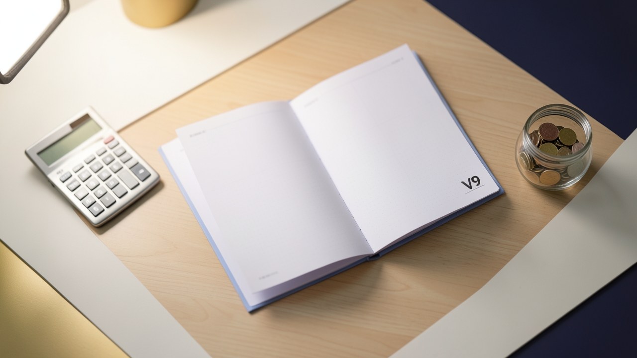 A monthly budget planner open on a desk with a calculator and a jar of coins, representing repayment planning.