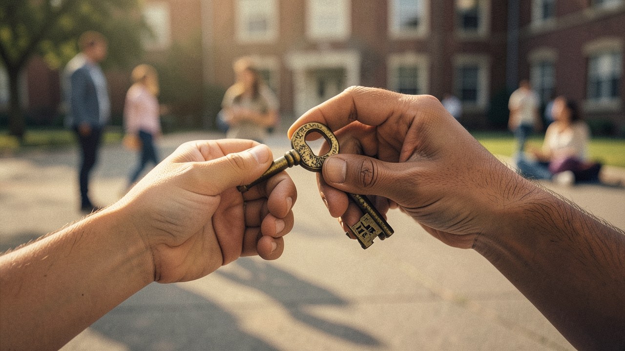 A key handing over to another hand, symbolizing loan forgiveness, with a soft focus of a college campus in the background.