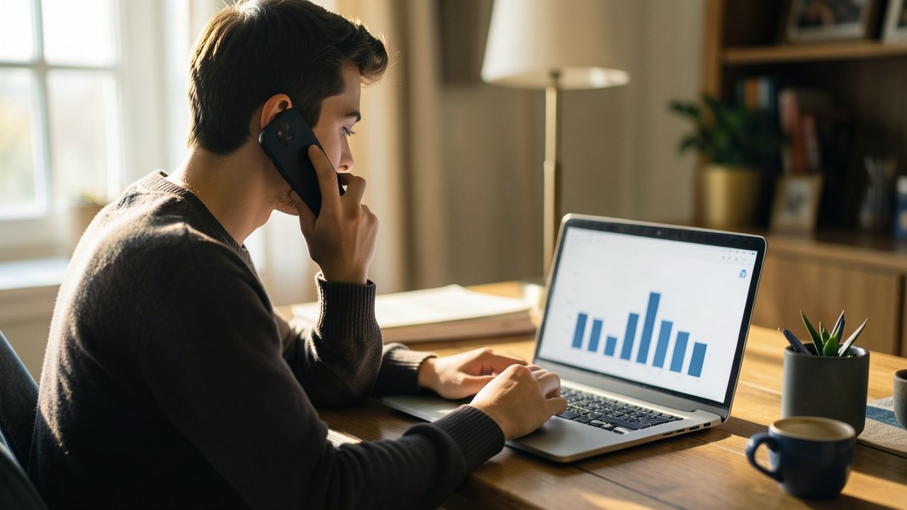 A young adult talking on the phone while looking at a laptop with a graph of bills, representing managing loans with a servicer.