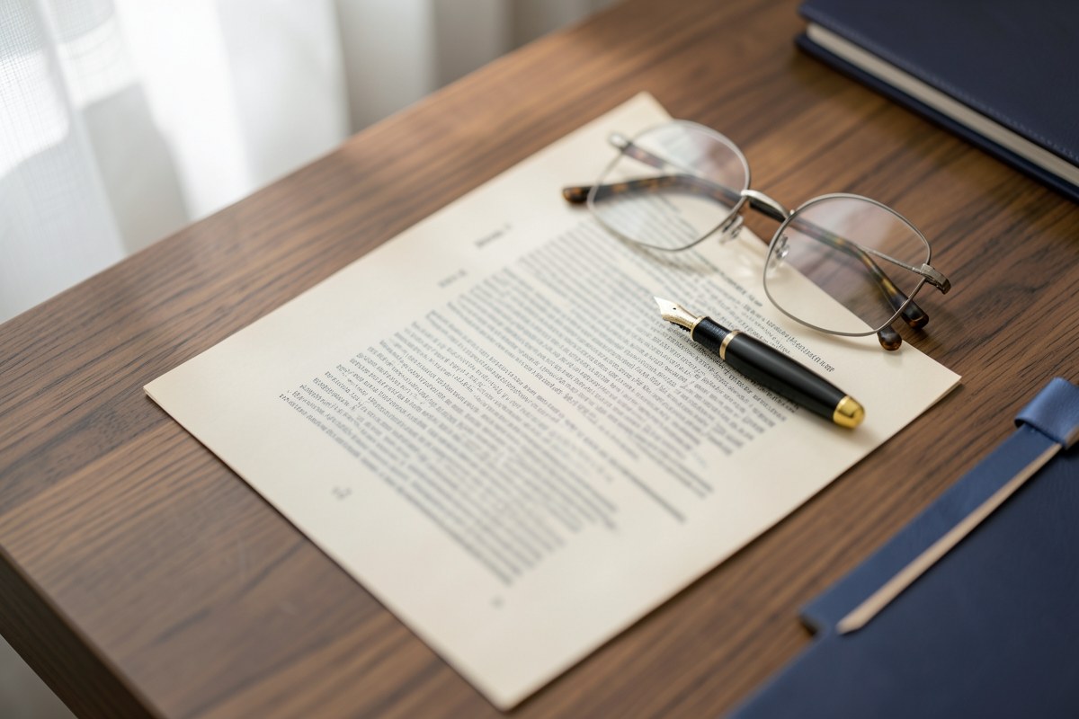 A close-up of a legal document with a pen and a pair of glasses, representing terms of use.