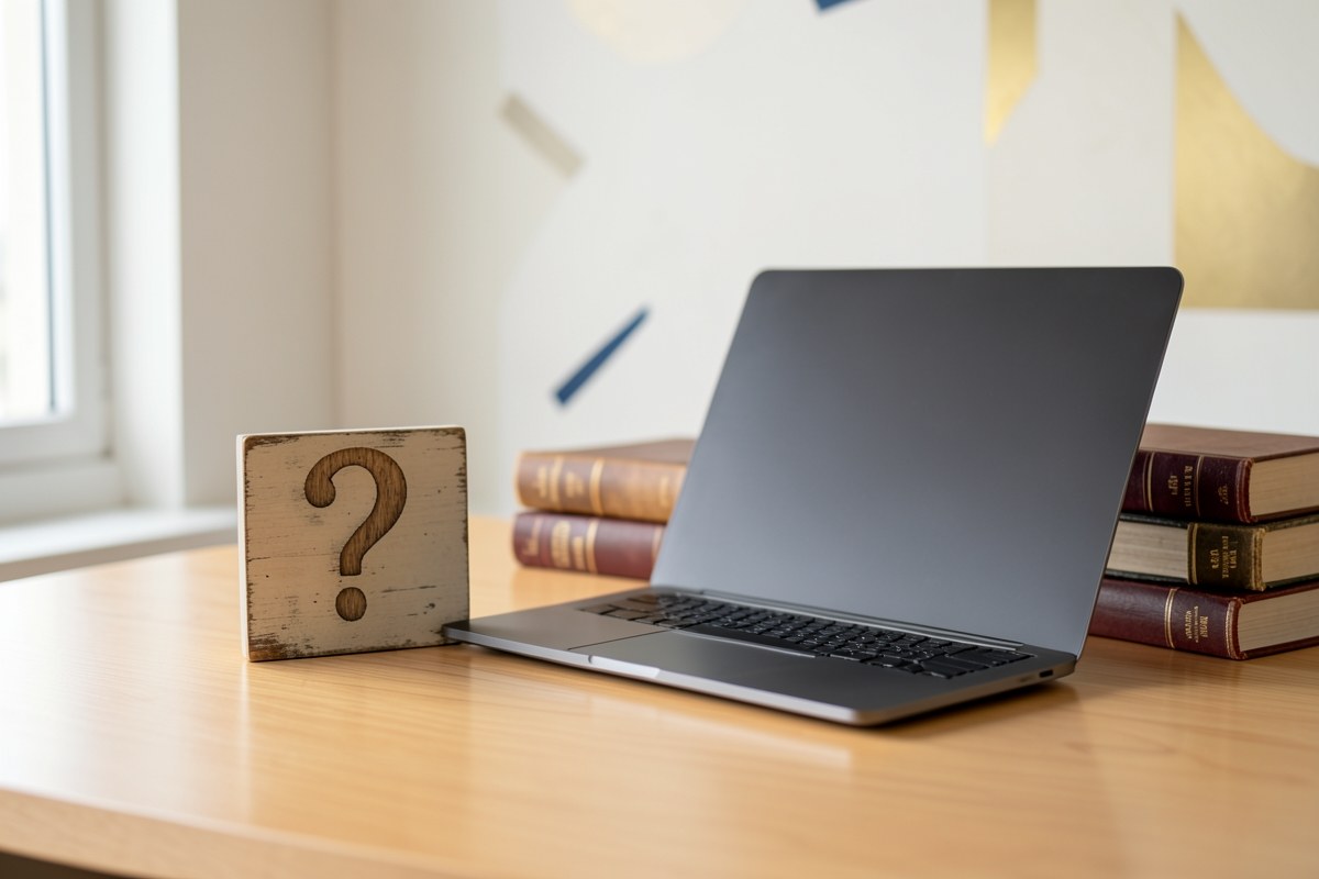 A small sign with a question mark on a desk, next to a stack of books and a laptop, representing the need for caution.