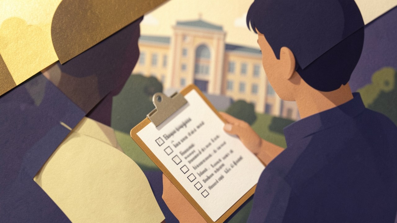 A person checking off items on a clipboard while looking at a college campus, representing eligibility criteria.